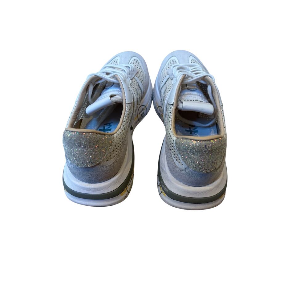 Premiata Mesh Sneakers Sz 37 White Cream Suede Glitter Heel Platform Italy - Picture 3 of 7